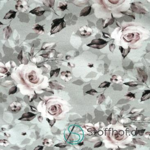 Baumwolljersey Weiße Rosen/ Grau